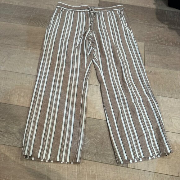 Ann Taylor Pants - ANN TAYLOR WOMENS BROWN STRIPE MEDIUM PULL ON PANTS LINEN BLEND